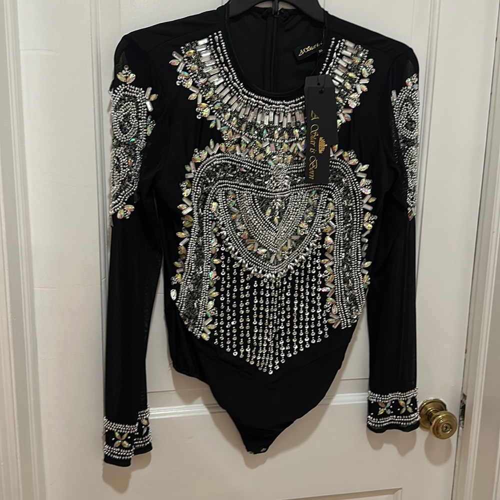 Bedazzled black body suit with crystals A Star Is Born size 26